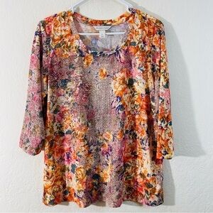 Christopher & Banks Multicolor Floral Embellished Blouse 3/4 Sleeve Women XL